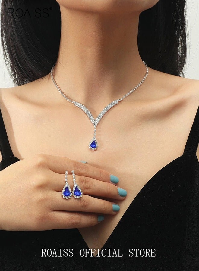 roaiss Women's Two-Piece Bride Jewelry Set Full Diamond V-Neck Teardrop Pendant Necklace and Matching Earrings Elegant Design Perfect for Weddings, Formal Events and Special Occasions Blue - Image 2